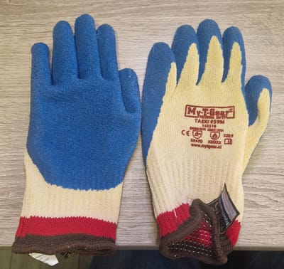 Werkhandschoenen t-gear - 12 paar - Sterke latex coating - Blauw/wit - Montagewerkhandschoenen - Extra grip - Slijtvast - Comfort fit - Professionele kwaliteit - Bouw & Magazijn - Antislip grip - Duurzaam - Comfortable