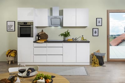 Goedkope keuken 270  cm - complete keuken met apparatuur Lorena  - Wit/Wit mat - soft close - keramische kookplaat    - afzuigkap - oven    - spoelbak