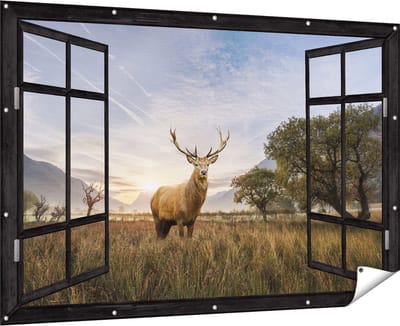 Gards Tuinposter Doorkijk Hert in het Landschap - 180x120 cm - Tuindoek - Tuindecoratie - Wanddecoratie buiten - Tuinschilderij