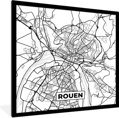 Fotolijst incl. Poster Zwart Wit- Stadskaart - Frankrijk - Kaart - Rouen - Plattegrond - Zwart wit - 40x40 cm - Posterlijst
