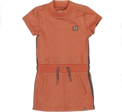 Koko Noko meisjes korte mouwen jurk met slangenprint en bies Rust