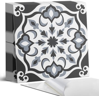 Coloray Plaktegels - Bloemenpatroon met ornamenten Portugese Tegels - 30 cm x 30 cm - Zwart Plaktegels - 9 stuks - Vierkant PVC Tegels - Plaktegels Keuken - Zelfklevende Vloertegels - Vinyl Tegels Zelfklevend - Zelfklevende Tegels