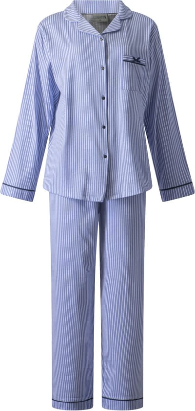 Lunatex - dames pyjama 124239 met doorknoop - 100% katoen - blauw met wit - maat L