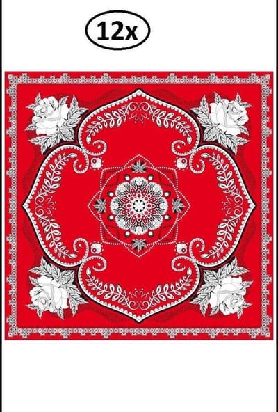 12x Zakdoek rood met bloemen motief 63 x 63 cm. - zakdoek bandana boeren carnaval feest sjaal  bloemen