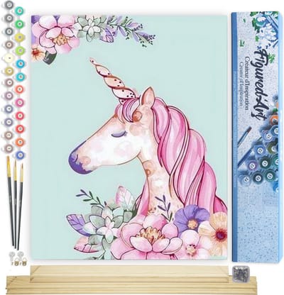 Figured'Art Schilderen op Nummer Volwassenen canvas Roze Eenhoorn - Handwerk acrylverf Kit DIY Compleet - 40x50cm met DIY houten lijst