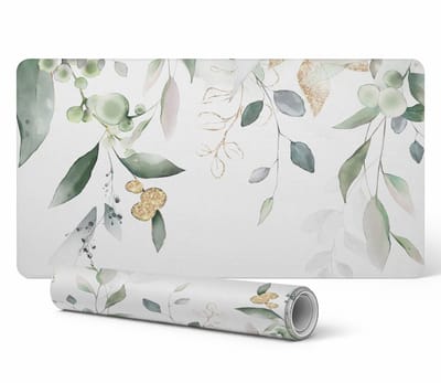 Decoratieve bureauonderlegger met aquarel bladmotief, 90x45 cm