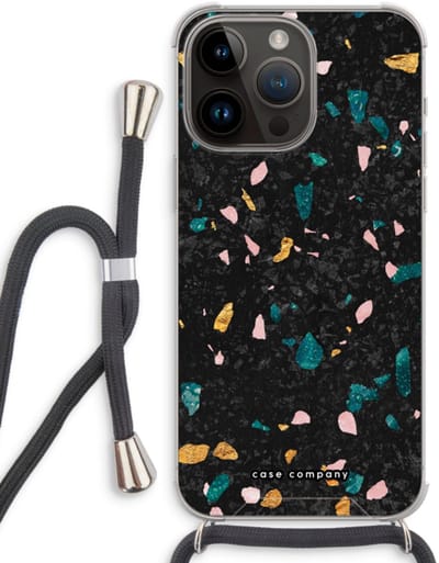 Case Company® - Hoesje met koord geschikt voor iPhone 14 Pro Max hoesje met Koord - Terrazzo N°10 - Telefoonhoesje met Zwart Koord - Bescherming aan alle Kanten en Over de Schermrand