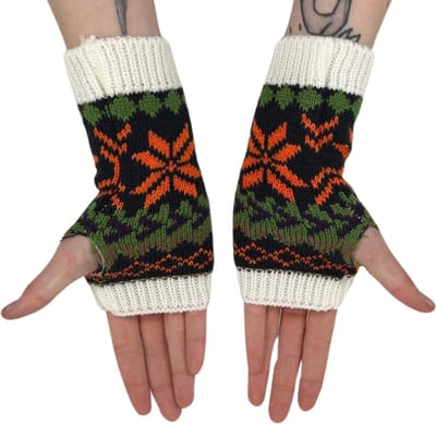 Vingerloze Handschoenen Dames - Noors Winter Patroon - Korte Polswarmers - Groen/Oranje/Wit