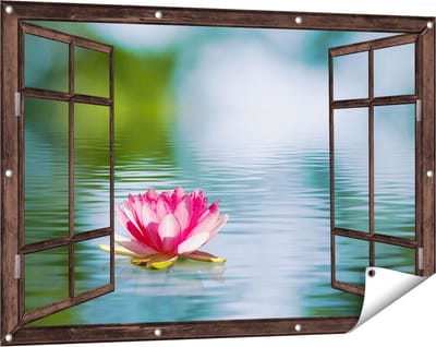 Gards Tuinposter Doorkijk Roze Lotusbloem op het Water - 120x80 cm - Tuindoek - Tuindecoratie - Wanddecoratie buiten - Tuinschilderij