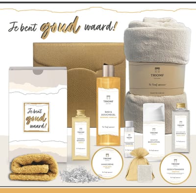 Geschenkset “Je bent goud waard!” - 10 producten - 880 gram - Triomf Original - Giftset voor haar - Luxe Wellness Cadeaubox Vrouw Geschenk Verjaardag Cadeaupakket Moeder Moederdag Kerst Kerstpakket Medewerker Vrijwilliger Zorg Gift Set Okergeel Crème