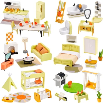 Houten Poppenhuis Meubels Set (36 Delen) met 4 Familiepoppen - Speelgoed voor Kinderen