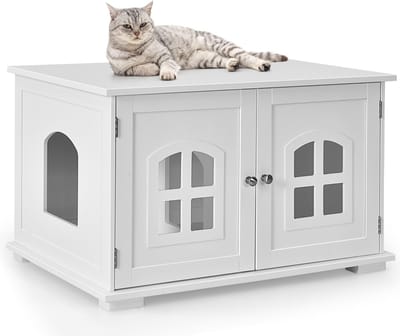 COSTWAY Kattenbak behuizing, nachtkastje kattenhuis met dubbele deuren en ramen, kattenbak met optionele zij-ingang, lucht geventileerde decoratieve kattenhuis voor prive kattenbed, kat badkamer opslag bankje (Wit)