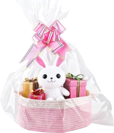 Lege Cadeaumand met Handvatten, Grote Katoenen Opbergmand voor Pasen, Babyshowers en Feestdagen (Roze/Wit)