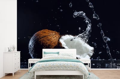 Behang - Fotobehang Kokosnoot - Stilleven - Water - Zwart - Fruit - Breedte 360 cm x hoogte 240 cm