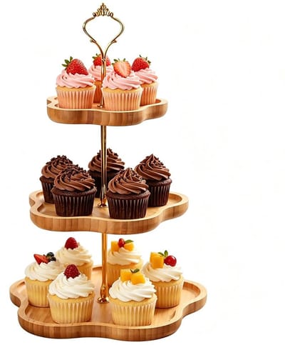 Dailygoods - Etagère met 3 etages van bamboe, cupcakestandaard 30, 25, 20 cm, taartstandaard van hout met metalen handgreep, serveerstandaard voor muffins, cake, fruit, bruiloft, verjaardag, feest, decoratie