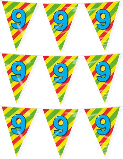 Paperdreams verjaardag 9 jaar thema vlaggetjes - 3x - feestversiering - 10m - folie - dubbelzijdig