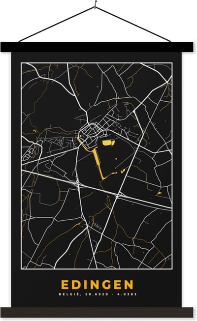 Posterhanger incl. Poster 40x60 cm - Schoolplaat - Kaart - Edingen - Goud - Plattegrond - Stadskaart - Textielposter - Zwarte latten - Plattegrond