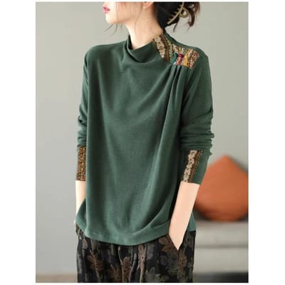 Dubbelzijdige Fleece Pullover Top Tekst Dames Kunst Retro Etnische Stijl Patch Basis Shirt Lange Mouw Knoop T-shirt L gray