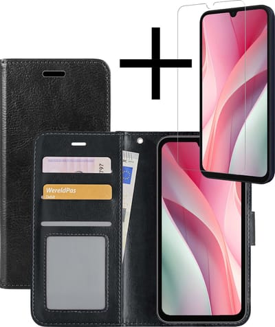 Hoesje - Met Screenprotector - Geschikt voor Samsung Galaxy A15 - Luxe Pasjeshouder - Bookcase Portemonee - Flip Case - Kunstleer Book Case - Flipcase - Book Cover - Walletcase - Portemonneehoes - Zwart