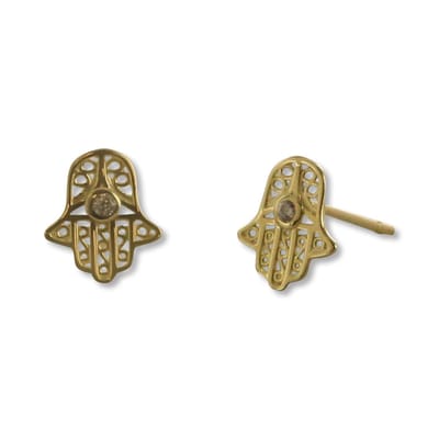 New Bling 9NBG-0123 14K Gouden Hamsa / Fatima Hand Oorknopjes met Zirkonia – Beschermend Symbool – Dames - 7.1 x 6.3 mm