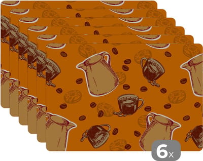 Placemat - Placemats kunststof - Koffie - Patronen - Koffiebonen - 45x30 cm - 6 stuks - Hittebestendig - Anti-Slip - Onderlegger - Afneembaar