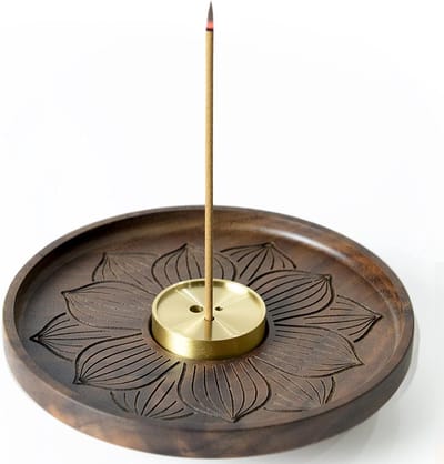 Famanu – Houten lotus wierookhouder met asopvangschaal, handgemaakt design voor wierookstokjes en kegels, perfect voor meditatie en yoga