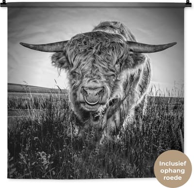 Wandkleed Schotse hooglander - Zwart wit afbeelding van een Schotse hooglander Wandkleed katoen 90x90 cm - Wandtapijt met foto