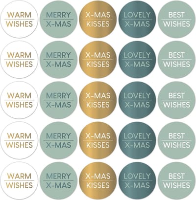 Grote Sluitzegel Kerst Goudfolie | Warm / Best Wishes – x-mas Kisses – Lovely | Groen / Blauw tinten – Wit – Goud | Envelop sticker – Christmas – Bedankje | Cadeau – Gift – Cadeauzakje