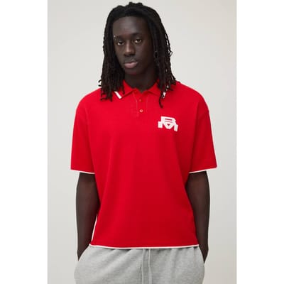 Oversized Boxy Polo Met Motografische Print Gebreid | Red | Size XS