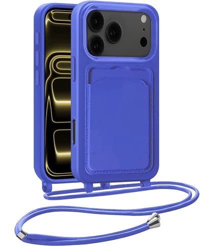 Hoesje Geschikt voor iPhone 17 Pro Telefoonhoesje Met Koord Case Pashouder Siliconen - Hoes Geschikt voor iPhone 17 Pro Hoesje Met Kaarthouder - Felblauw