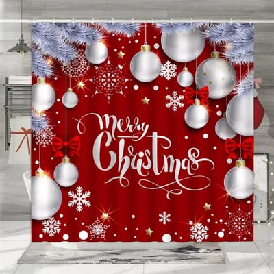 Kerst Douchegordijn, Winter Kleurrijke Kerstballen Dennenaald Cadeaus Vrolijk Kerstfeest Krans Polyester Badkamerdecor 90x180cm-35x70in white