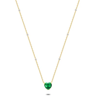 Twice As Nice Halsketting in 18kt verguld zilver, groen hart in zirkonia, kleine witte zirkonia 42cm+5cm