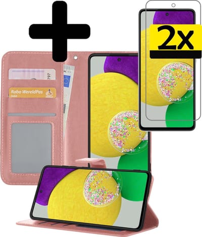 Hoesje - Met 2x Screenprotector - Geschikt voor Samsung Galaxy A52s 5G - Luxe Pasjeshouder - Bookcase Portemonee - Flip Case - Kunstleer Book Case - Flipcase Hoes - Book Cover - Walletcase - Portemonneehoes - Telefoonhoesjes - Rosé goud