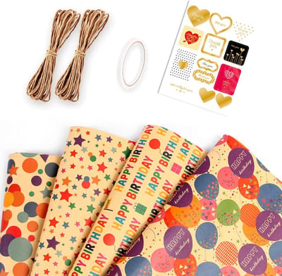 Cadeaupapier Set - Multicolor - 50 x 70 cm - Scheurvast Kraftpapier met Touw en Plakband - Voor Verjaardagen en Feestdecoratie