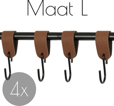 4x Leren S-haak hangers - Handles and more® | LICHTBRUIN - maat L (Leren S-haken - S haken - handdoekkaakje - kapstokhaak - ophanghaken)