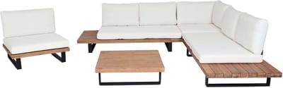 Tuinset met fauteuil MCW-H54, loungeset met bank, gesponnen polyacaciahout, MVG-aluminium ~ lichtbruin, bekleding crèmewit