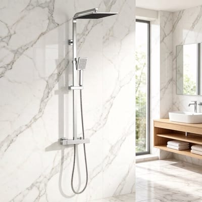 Auralum Max Douchesysteem - RVS Doucheset - Ø 25 cm Douchekop - Inclusief thermostaatkraan - Wandmontage - Verstelbare Hoogte 97-130 cm - Waterbesparend - Chroom
