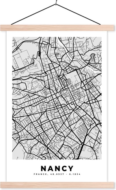Posterhanger incl. Poster 40x60 cm - Schoolplaat - Stadskaart - Frankrijk - Kaart - Nancy - Plattegrond - Textielposter - Blanke latten - Stadskaart