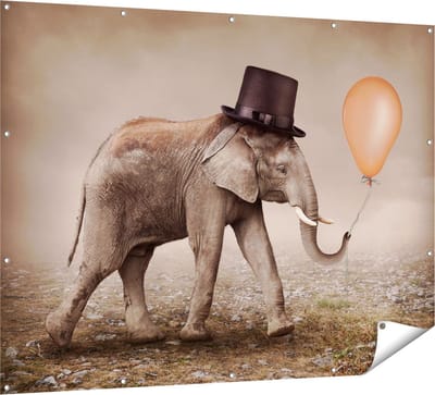 Gards Tuinposter Olifant met een Oranje Ballon - Hoedje - 160x120 cm - Tuindoek - Tuindecoratie - Wanddecoratie buiten - Tuinschilderij