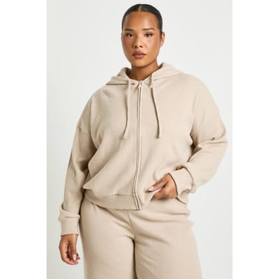 boohoo Dames Plus Gebreide Rib Hoodie met Ritssluiting | Steen | Maat: 44