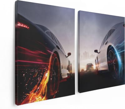 Artaza Canvas Schilderij Tweeluik Twee Raceauto's - Blauw Tegen Rood - 120x80 - Foto Op Canvas - Canvas Print