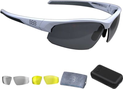 BBB Cycling Fietsbril Heren en Dames - Wielrenbril Met 3 Lenzen - Sportbril Met Hoes - Lichtgewicht Racefiets Bril - Mat Wit - Impress Travelcase BSG-58T
