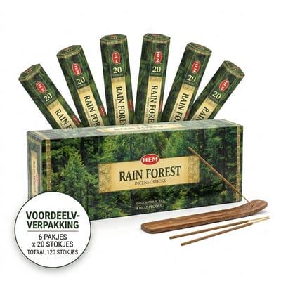 HEM Rainforest Hexa Wierookstokjes Voordeelverpakking - 6 Pakjes x 20 Stuks (120 Stokjes Totaal) - Frisse Regenwoud Geur voor Meditatie, Ontspanning en Huisparfum - Natuurlijke Wierook Bulkverpakking Met Kajal Sticker