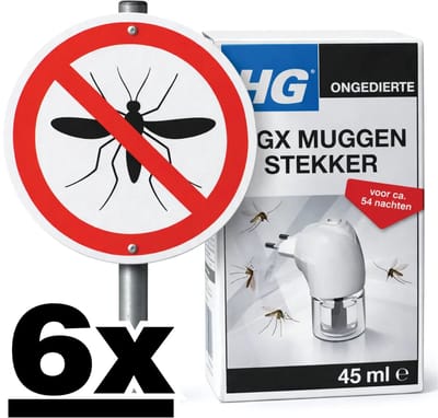 6 x HG X - Muggenstekker - Continue Bestrijding - Inclusief Stekker - 54 Nachten - 45 ml - Muggenwering - Muggenplaag - Muggen Afweren - Muggenstop - Muggenwerende Stekker