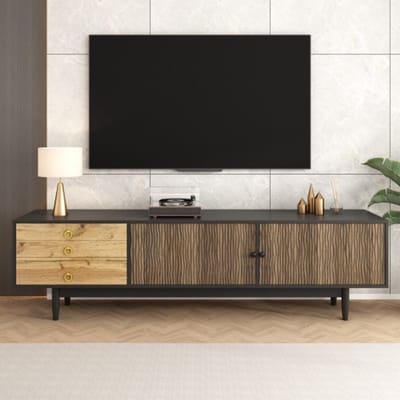 Moderne TV-meubel 180 cm – Lowboard met golvend deurontwerp & 3 lades, hout- en zwartkleurig design, stijlvolle tv-kast voor woonkamer (180×50×38 cm)
