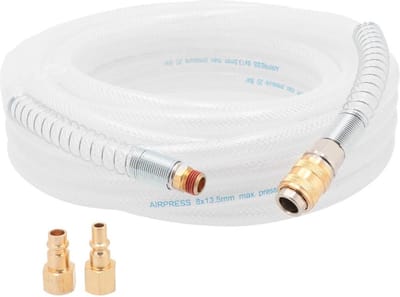 Luchtslang PVC gevlochten nylon | Binnen Ø 8 / Buiten Ø 13.5 mm | 1/4 buitendraad en universele koppeling | 10 meter | 20 bar | Incl nippels