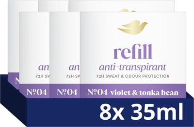 DOVE Anti-Transpirant Refillable Deodorant - No. 4 Violet & Tonka Bean - beschermt tot 72 uur tegen zweet en lichaamsgeur - 8 x 35 ml