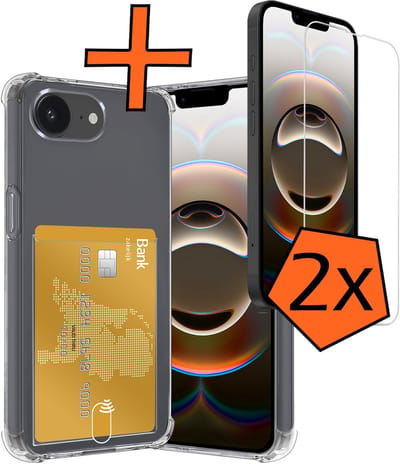 Hoes - Geschikt voor Apple iPhone 16e - Met 2x Screenprotector - Pashouder - Kaarthouder - Telefoon Hoesje Shockproof - Siliconen Case - Back Cover - Shock Proof - Pasjes Houder - Transparant