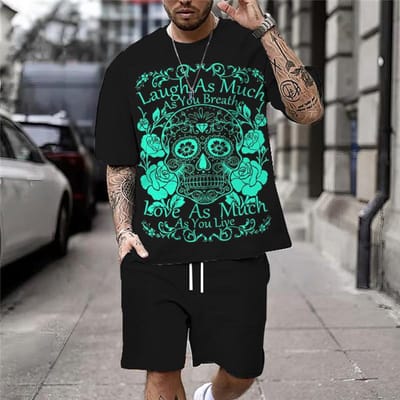 Ensemble de t-shirts d'été pour hommes avec impression 3D de crâne, t-shirts de streetwear à la mode, amples, surdimensionnés, respirants, doux, manches courtes et shorts 6XL blue