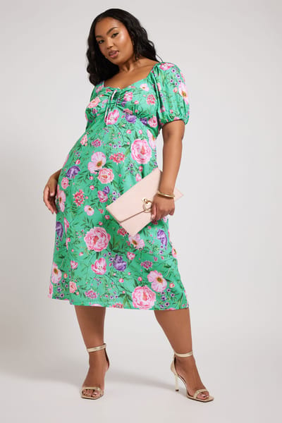 Yours London Midi Jurk Met Bloemenmotief En Korte Mouwen In Groen Size 44